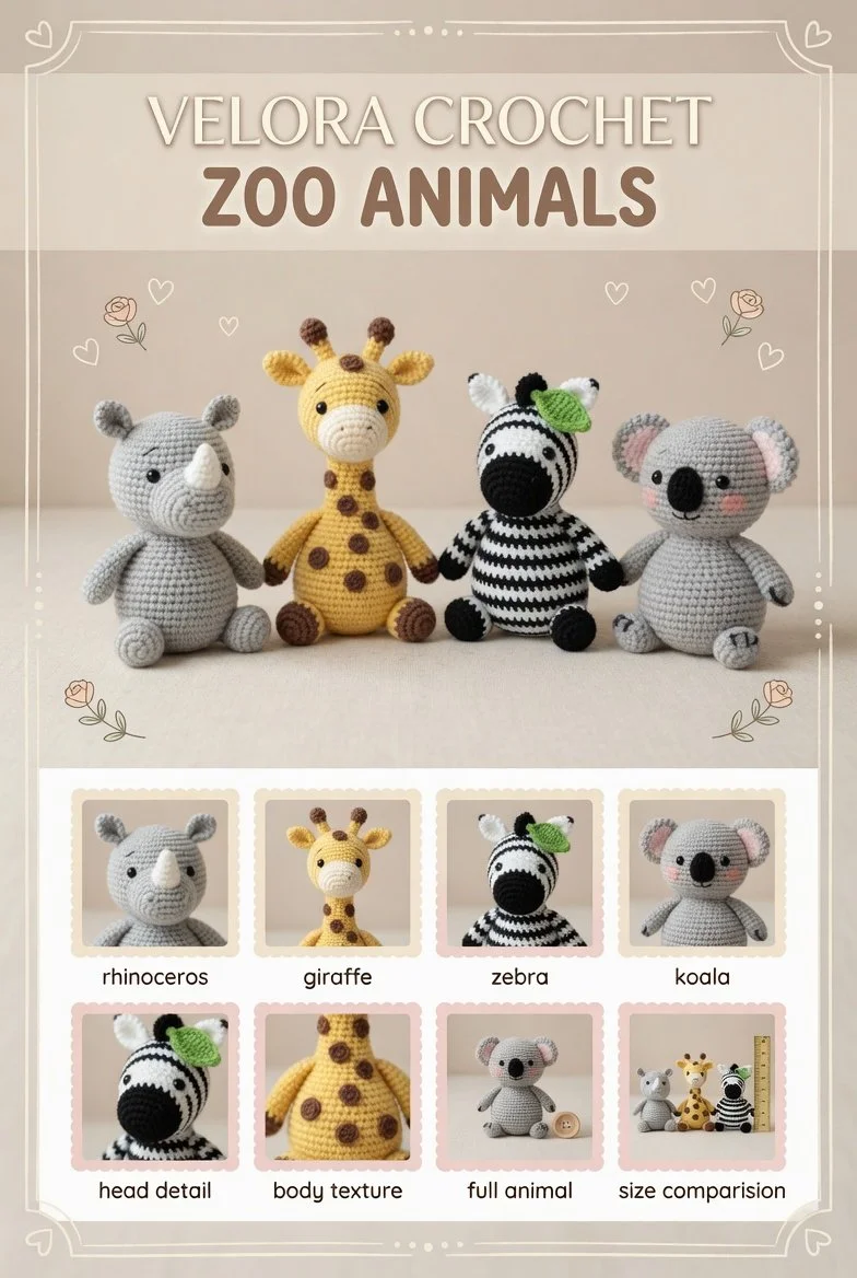 Crocheted amigurumi zoo animals including giraffe, zebra, rhinoceros, and koala.