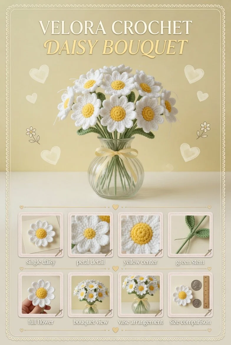 Realistic crochet bouquet of daisies in a glass vase with yellow centers and white petals.