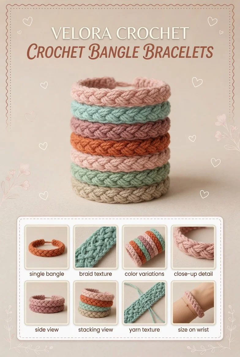 Textured crochet bangle bracelets in neutral earth tones, crafted with medium-weight cotton yarn.