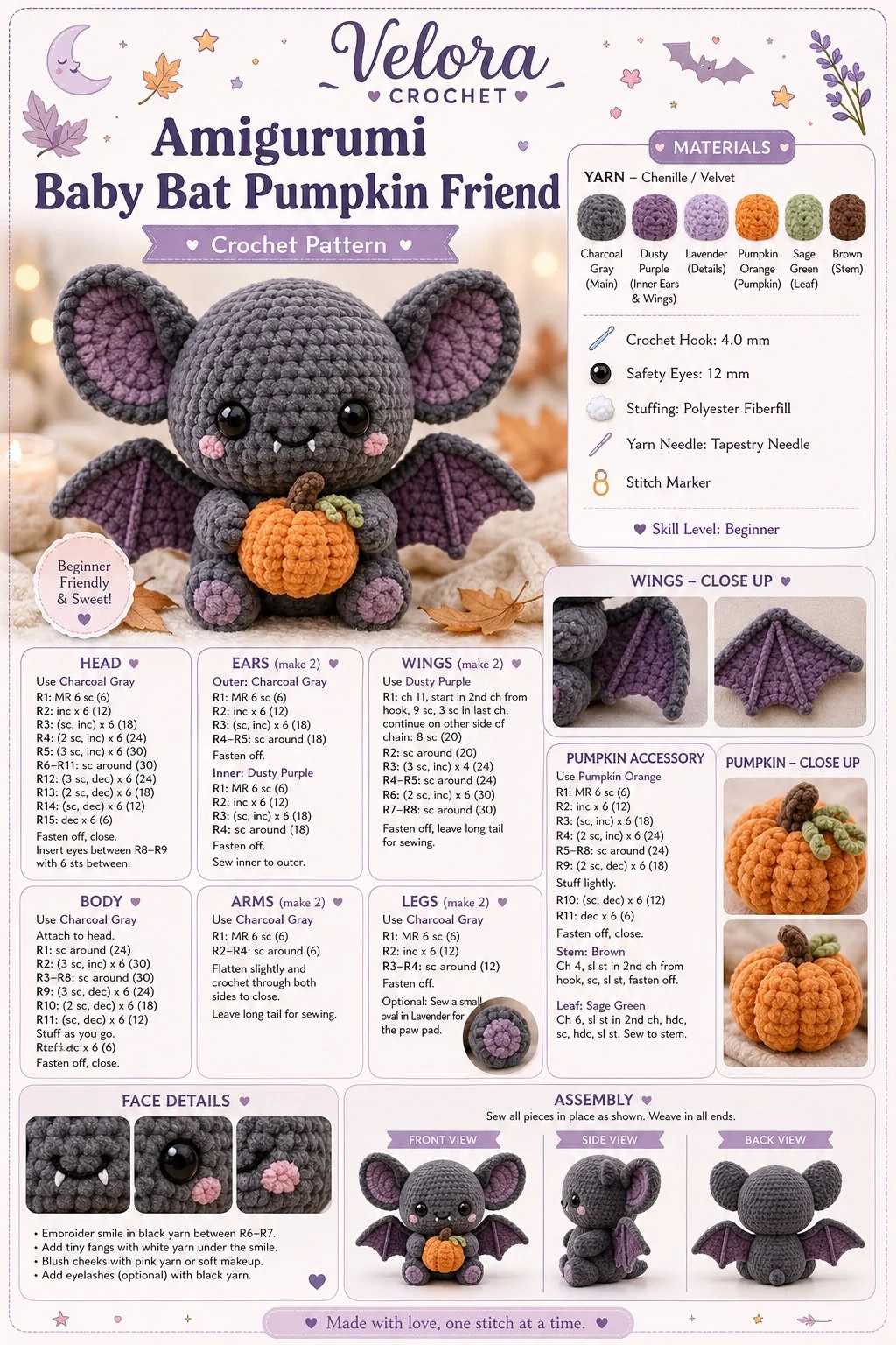 Adorable Amigurumi Baby Bat with a pumpkin, perfect for Halloween decorations.