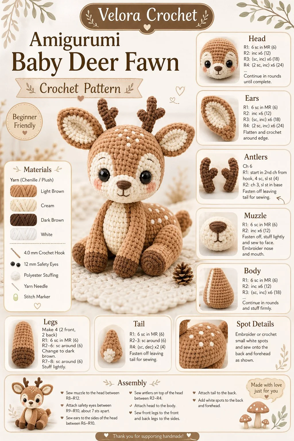Handmade amigurumi baby deer fawn crochet toy