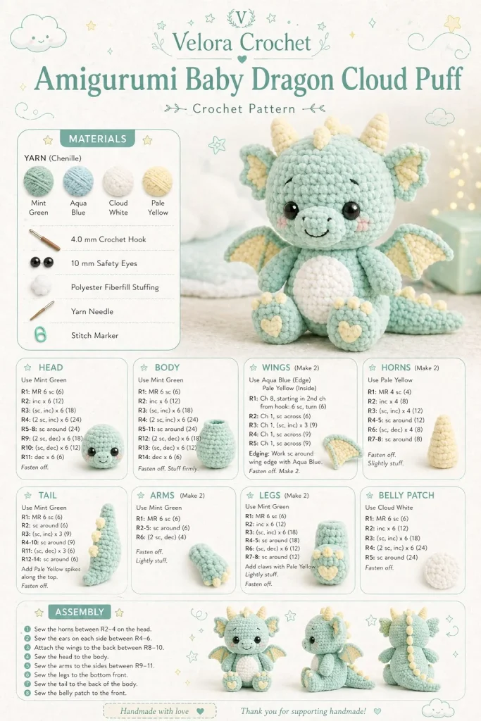 Amigurumi Baby Dragon Cloud Puff plush toy in soft colors