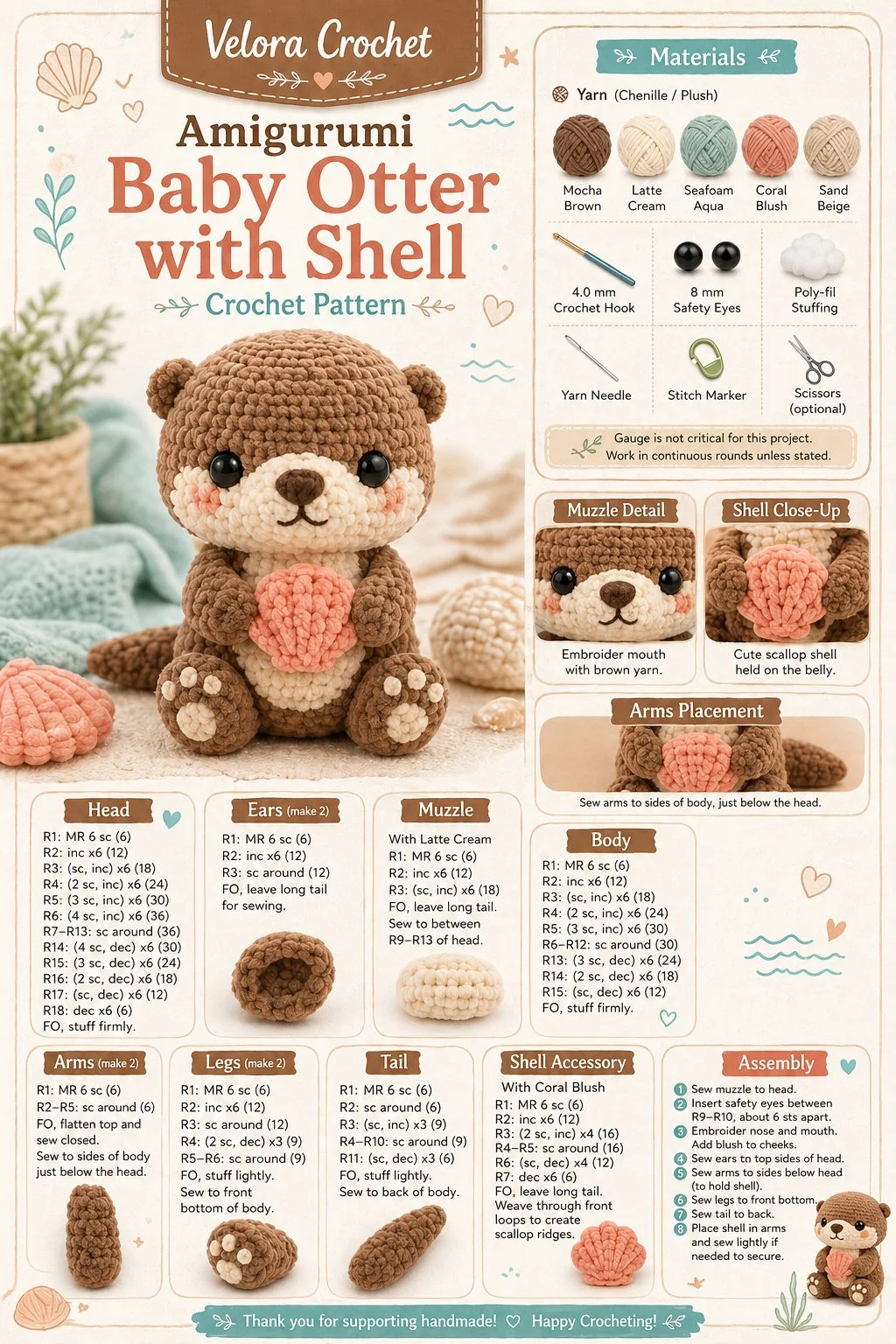 Cute Amigurumi Baby Otter holding a shell, perfect for gifts and decor.