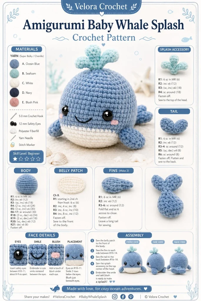 Crochet amigurumi baby whale in vibrant colors, perfect for DIY projects.