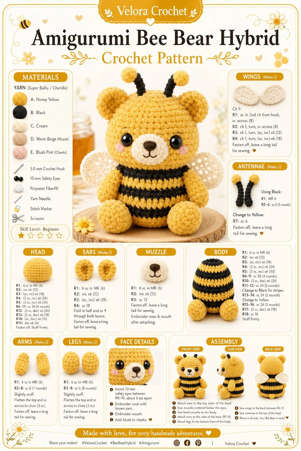 Amigurumi Bee Bear Hybrid crochet stuffed toy in yellow and black stripes.