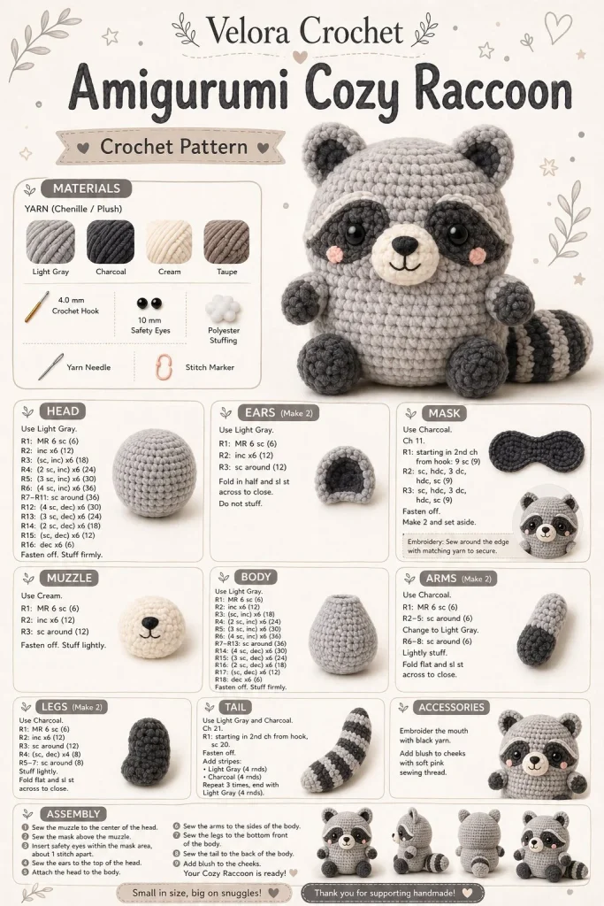 Handmade amigurumi cozy raccoon plush toy for cuddling