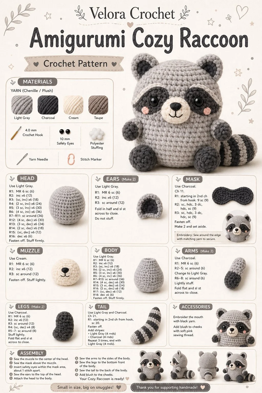 Handmade amigurumi cozy raccoon plush toy for cuddling