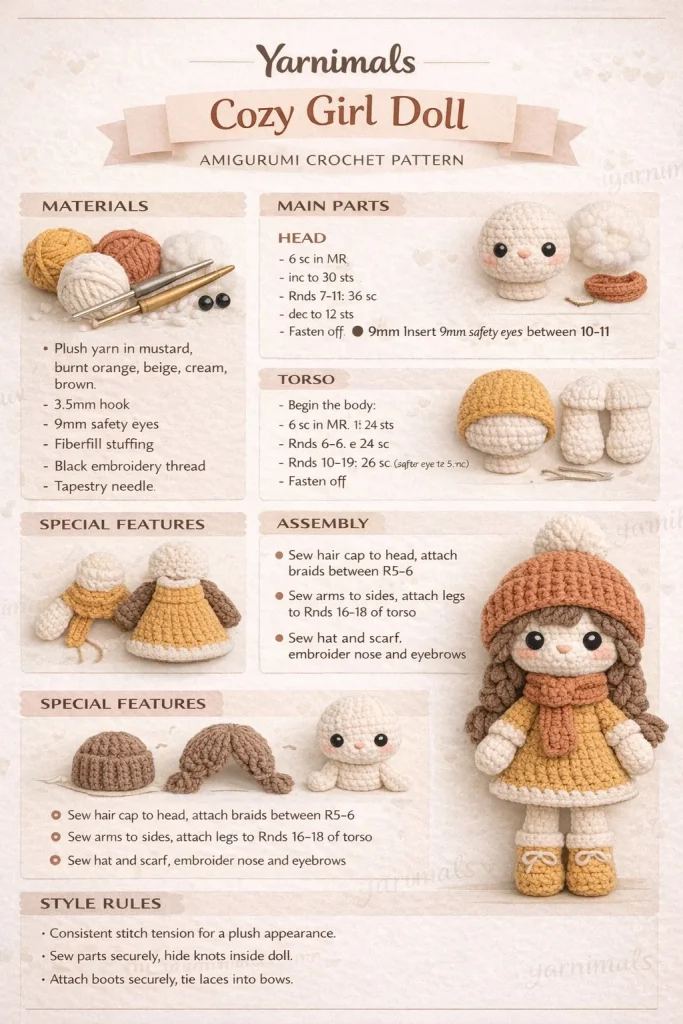 Amigurumi doll wearing mustard yellow dress, burnt orange hat, and braided brown hair.