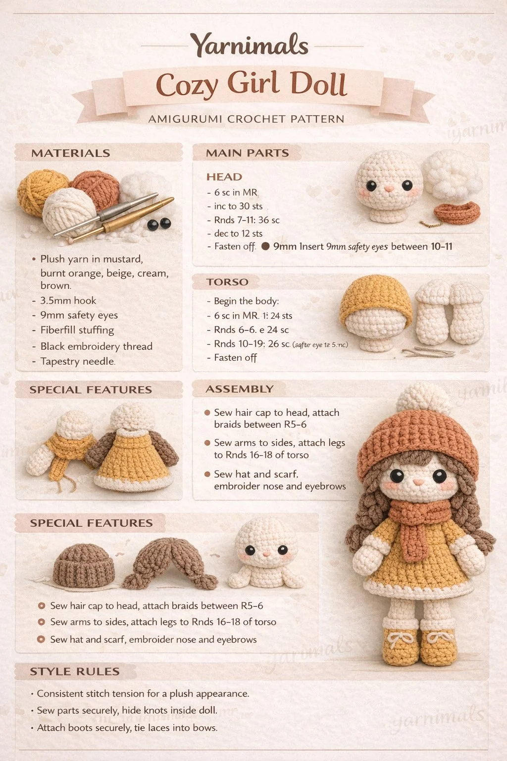 Amigurumi doll wearing mustard yellow dress, burnt orange hat, and braided brown hair.