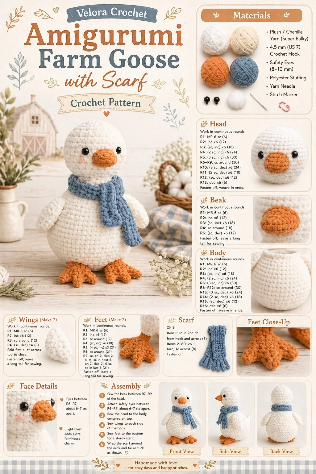 Handmade Amigurumi Farm Goose with a cozy scarf, perfect for decoration.