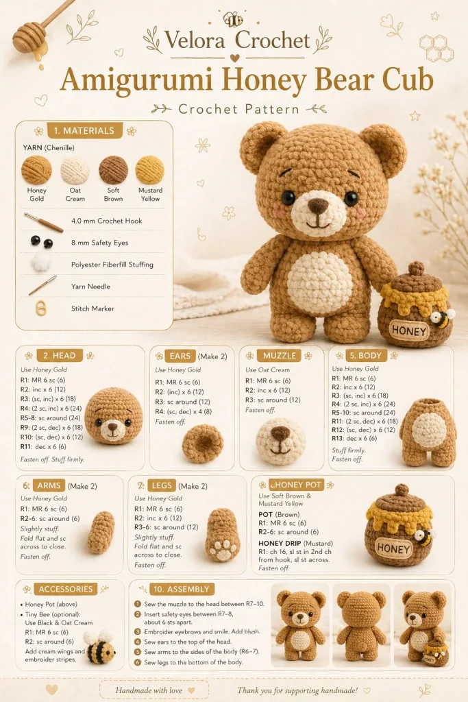 Handcrafted Amigurumi Honey Bear Cub toy, perfect for gifts and decor.