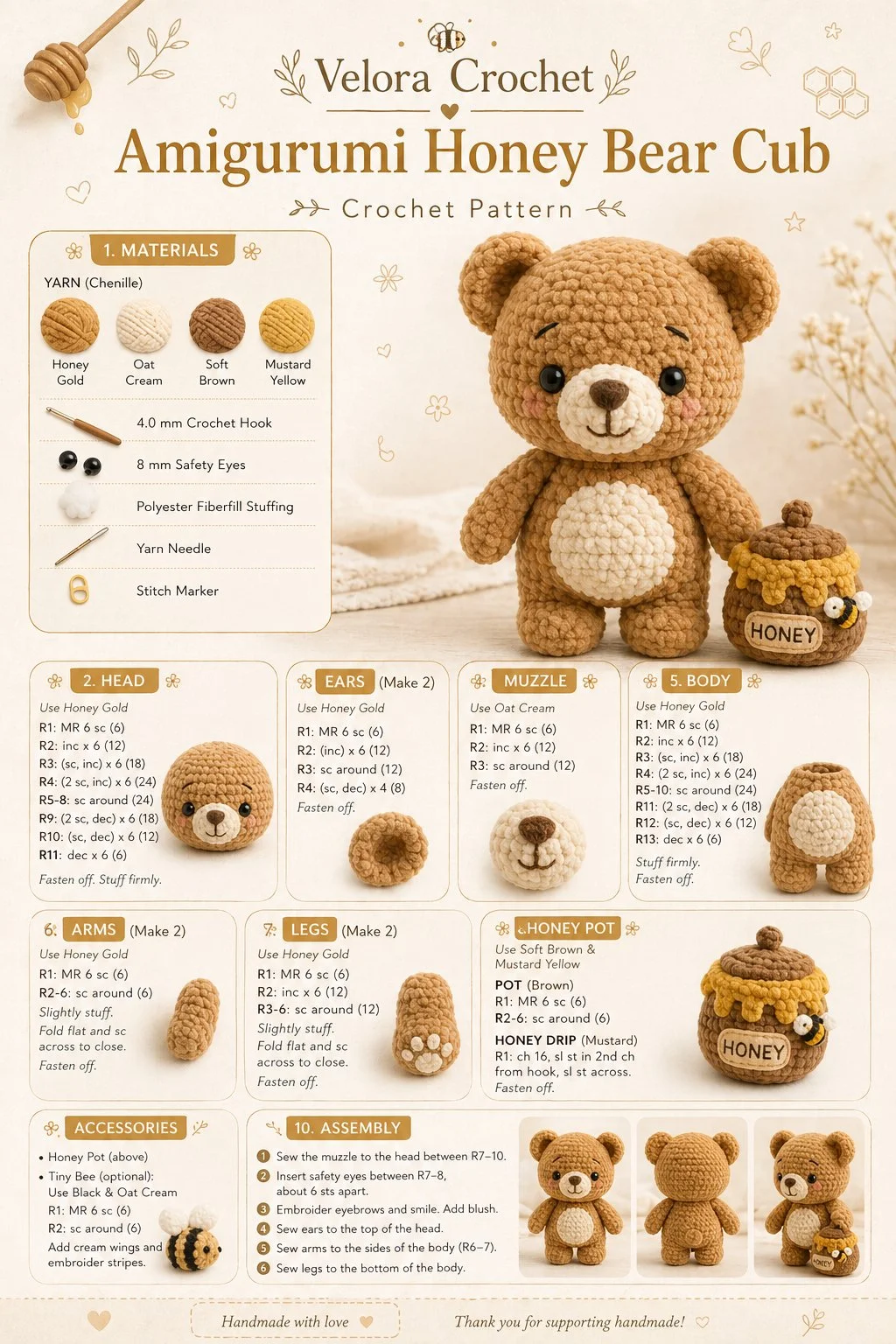 Handcrafted Amigurumi Honey Bear Cub toy, perfect for gifts and decor.