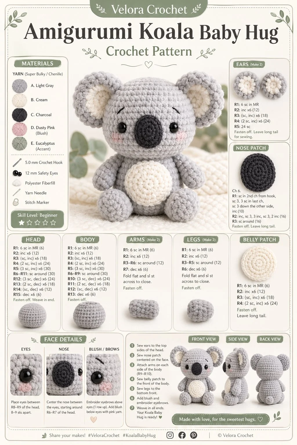 Handmade Amigurumi Koala Baby Hug plush toy for gifts and collections