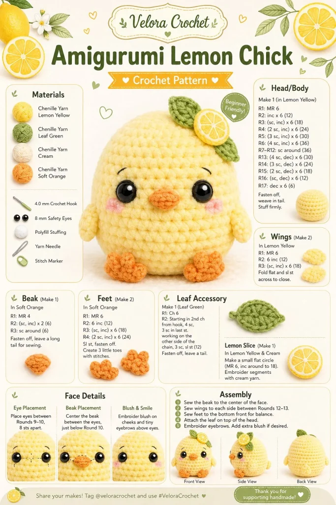 Crocheted Amigurumi Lemon Chick toy in bright yellow with lemon accents.