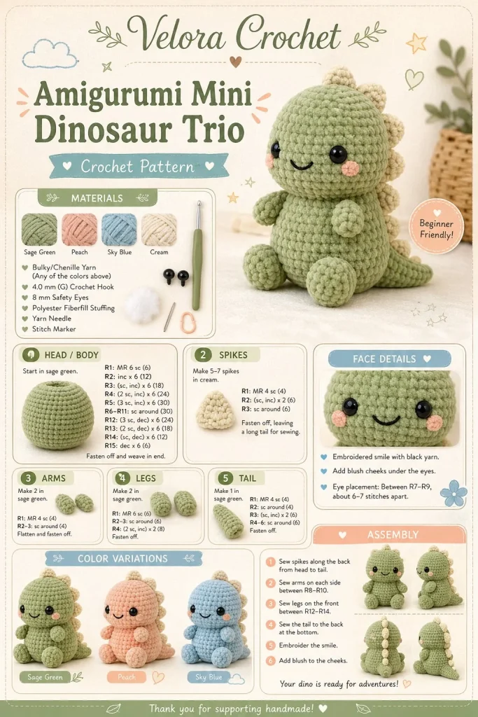 Amigurumi mini dinosaur trio featuring colorful handcrafted designs.