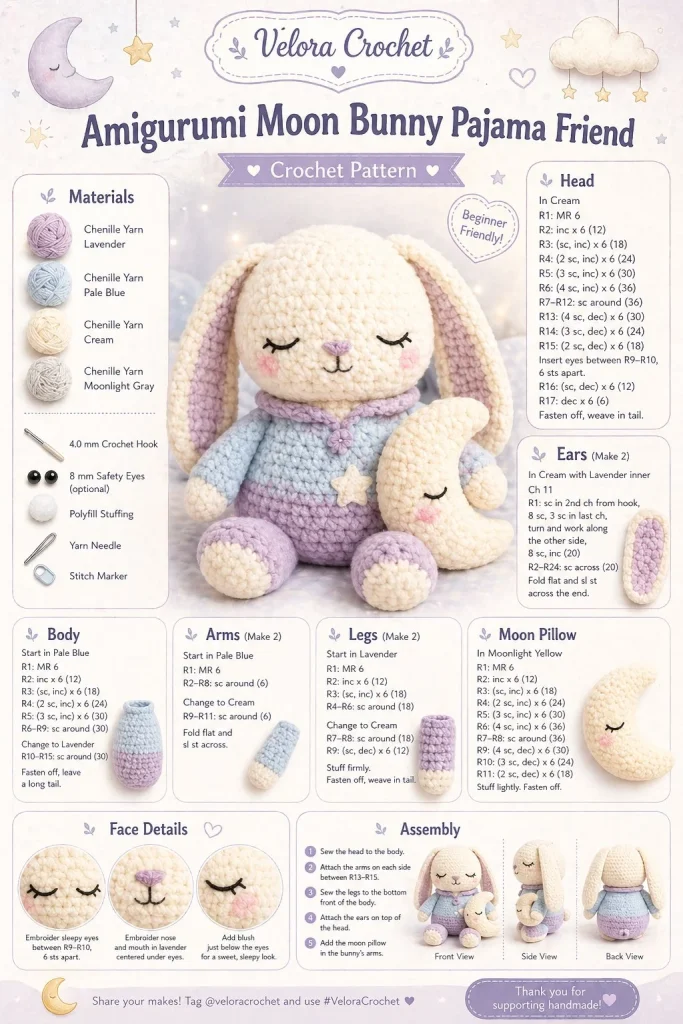 Amigurumi Moon Bunny Pajama Friend plush toy