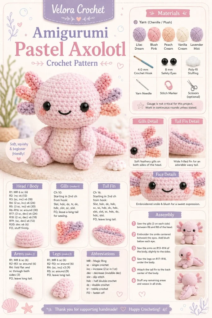 Handcrafted Amigurumi Pastel Axolotl plush toy in soft colors