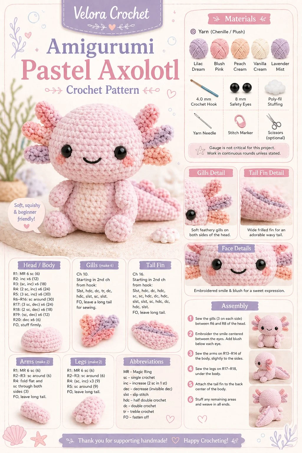 Handcrafted Amigurumi Pastel Axolotl plush toy in soft colors