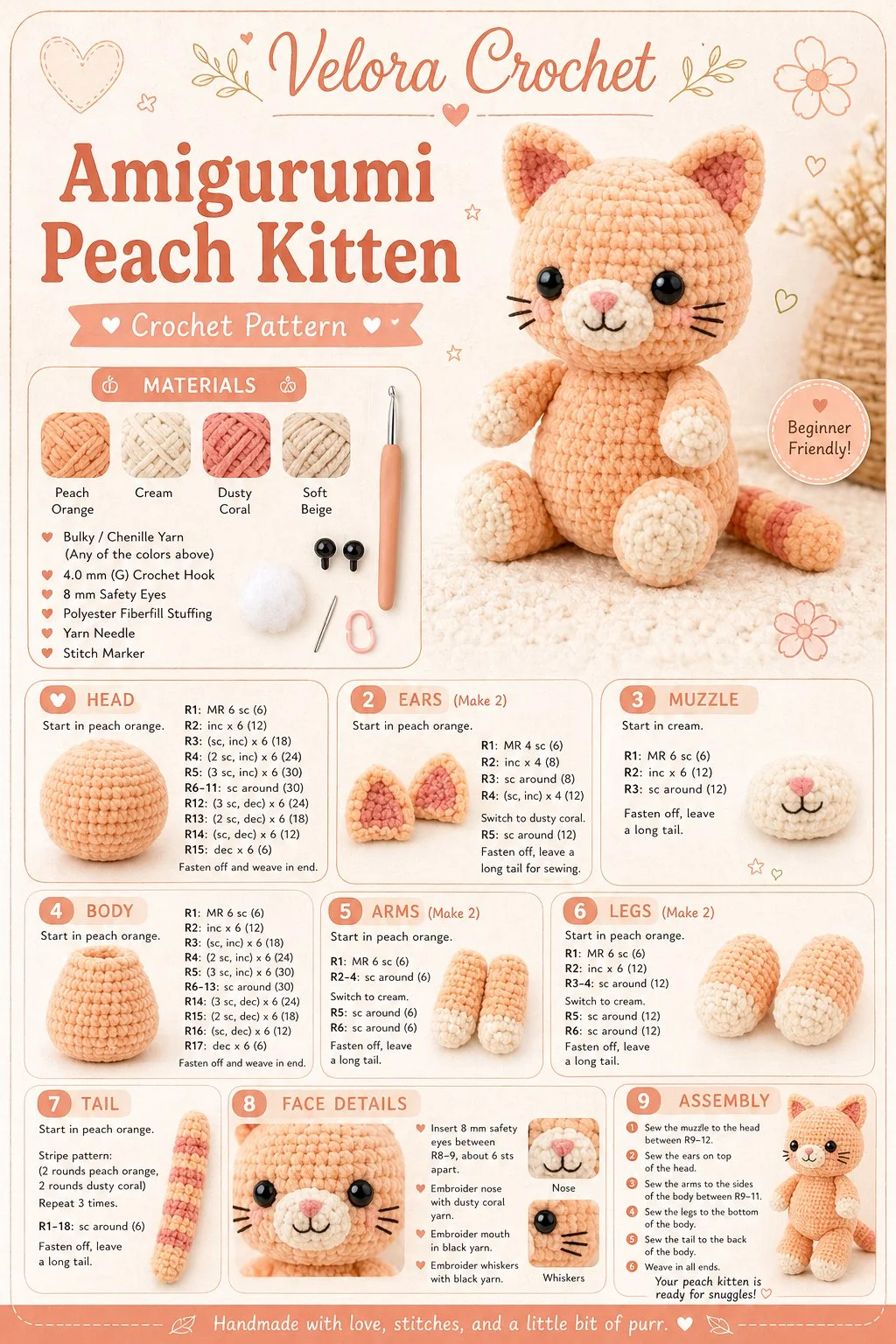 Crocheted amigurumi peach kitten cuddling cutely.