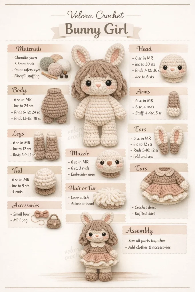Crochet amigurumi bunny plush with long floppy ears and embroidered details.