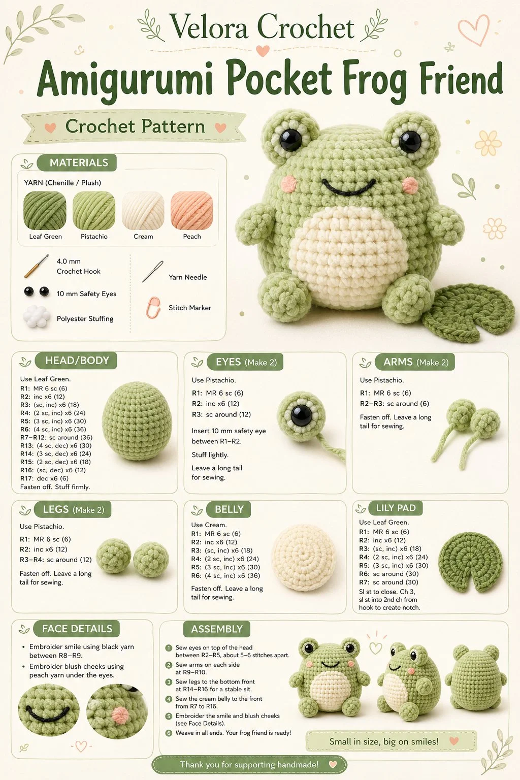 Amigurumi Pocket Frog Friend crochet pattern featuring a cute green frog