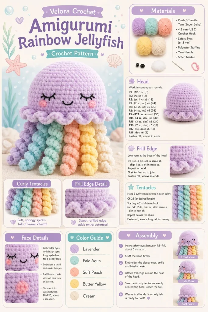 Crochet Amigurumi rainbow jellyfish in vibrant colors
