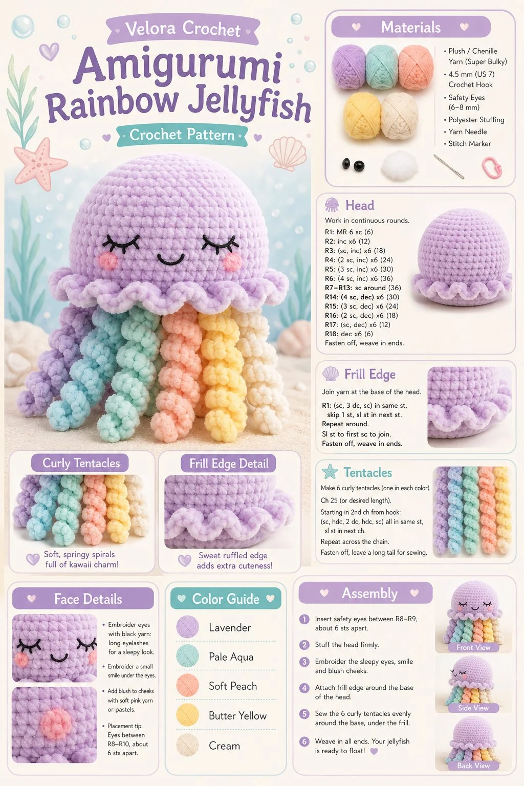 Crochet Amigurumi rainbow jellyfish in vibrant colors