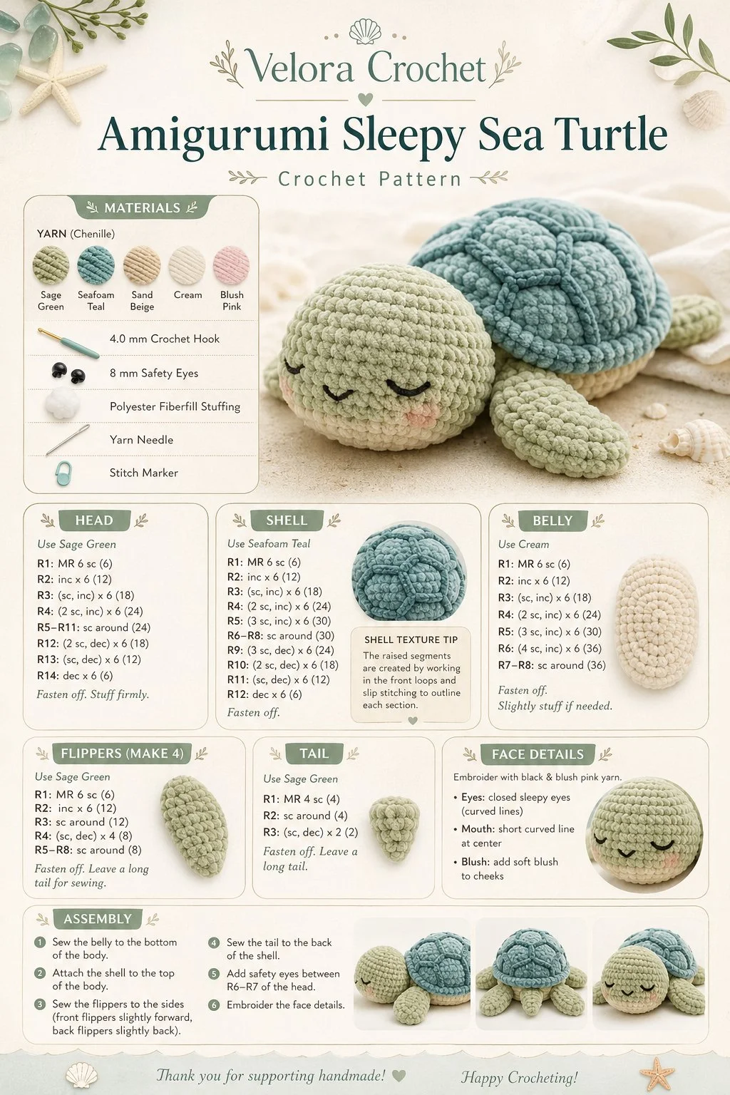 Amigurumi Sleepy Sea Turtle crochet pattern and finished toy.
