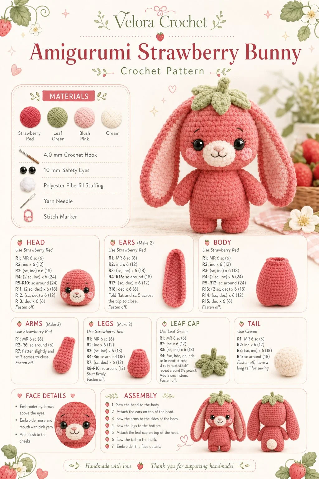 Adorable amigurumi strawberry bunny plush toy for crafting enthusiasts.