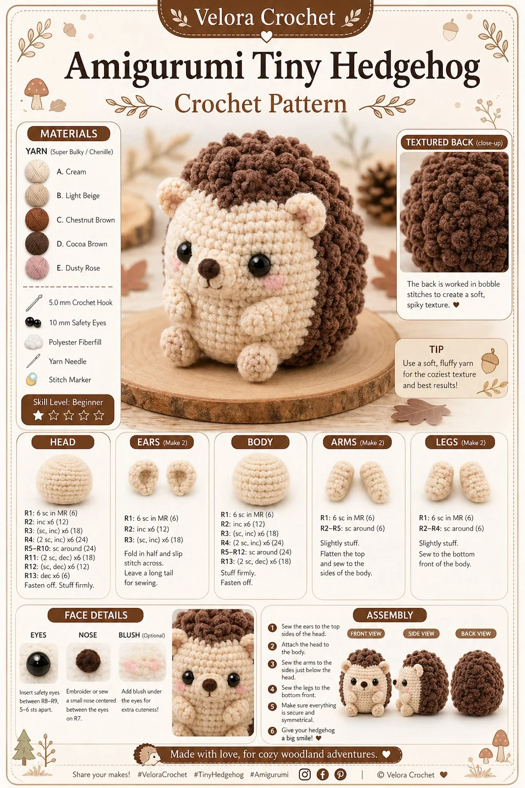 Amigurumi Tiny Hedgehog crafted with soft yarn and intricate details.