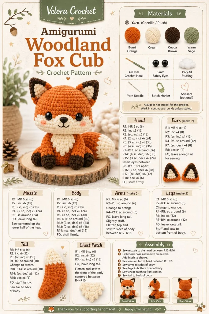 Cute Amigurumi Woodland Fox Cub plush toy handmade with love