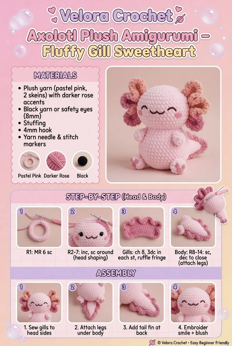 Fluffy Gill Sweetheart Axolotl Plush Amigurumi toy