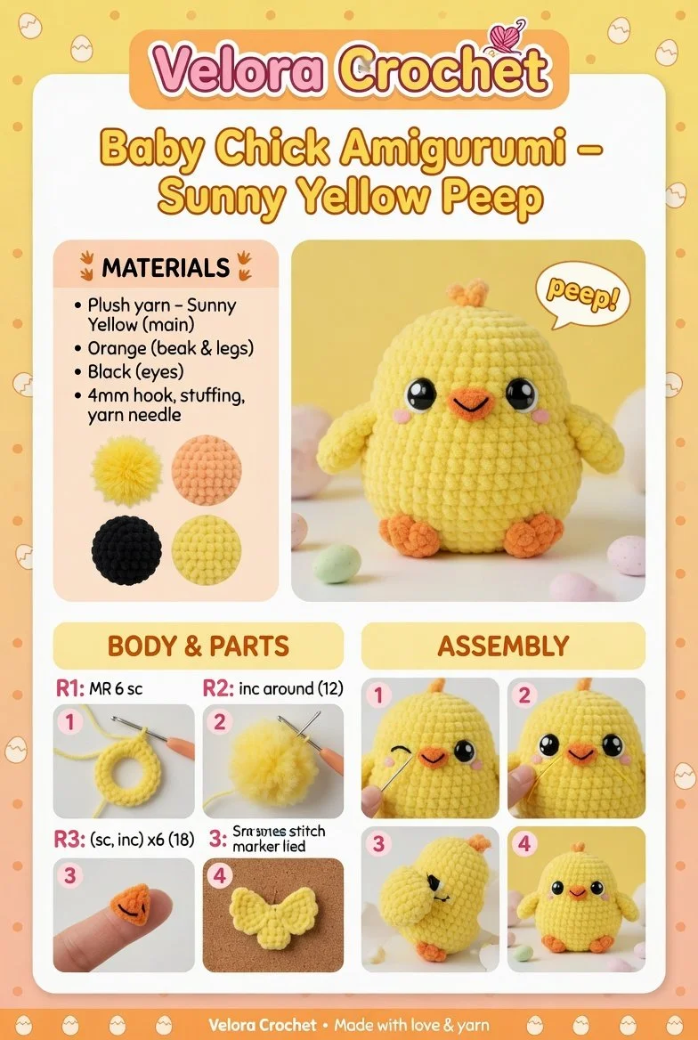 Handmade Baby Chick Amigurumi in bright yellow, perfect for Easter decorations.