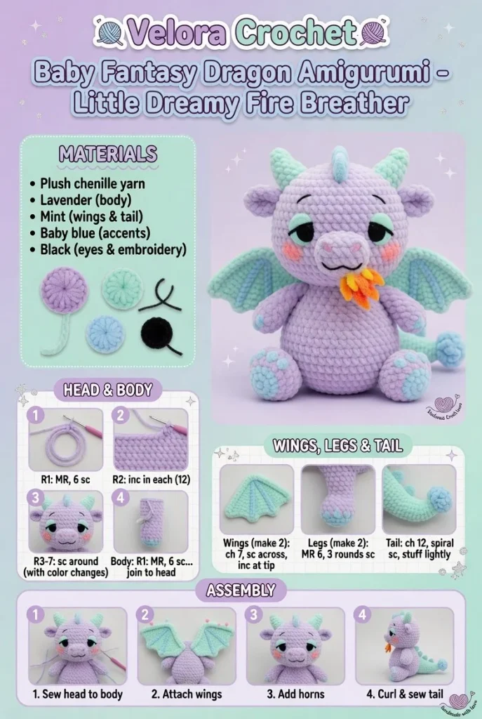 Baby Fantasy Dragon Amigurumi, a cute little dreamy fire breather plush toy.