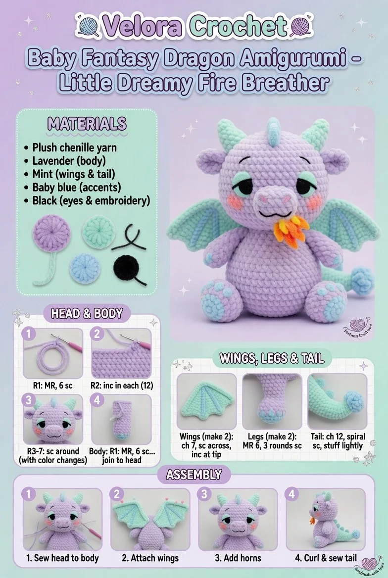 Baby Fantasy Dragon Amigurumi, a cute little dreamy fire breather plush toy.