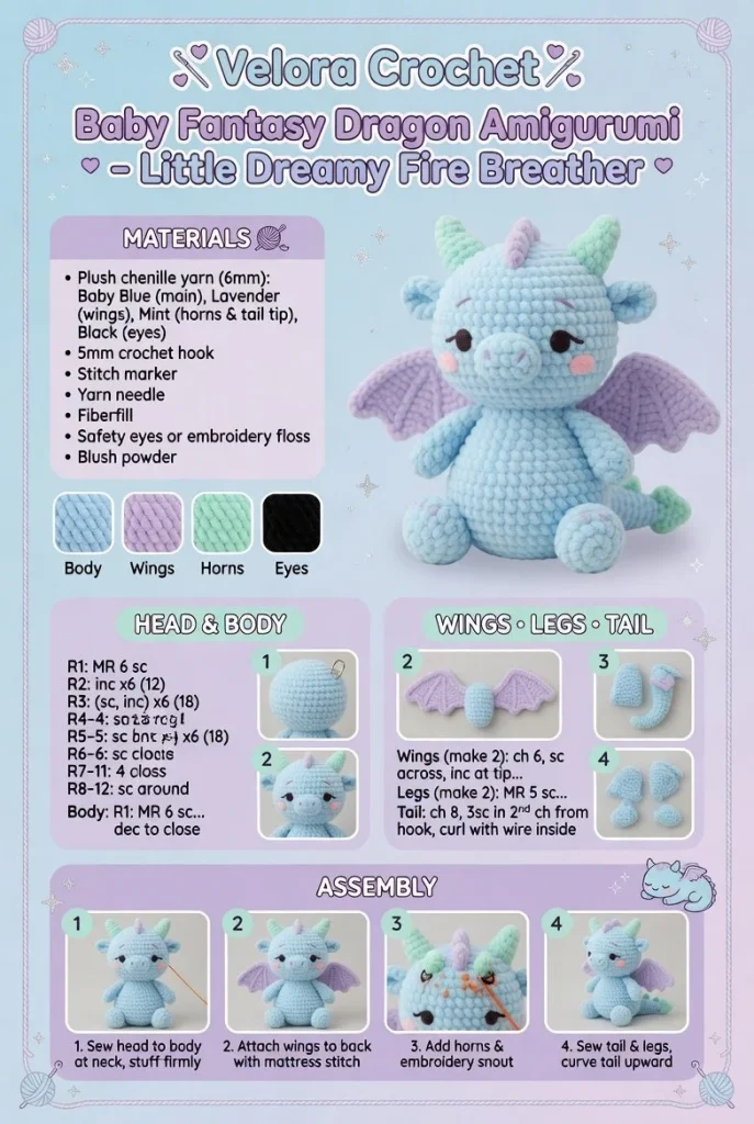Cute baby dragon amigurumi, a dreamy fire breather in vibrant colors.