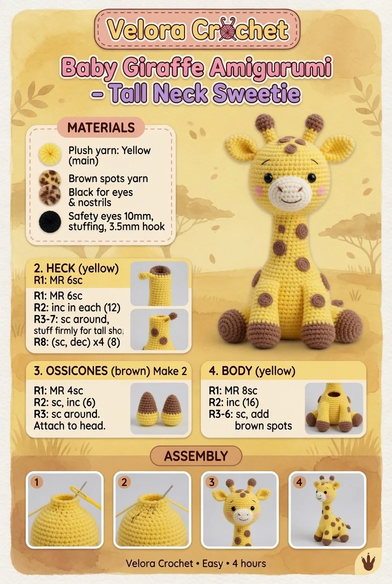 Handmade baby giraffe amigurumi showcasing tall neck and sweet features.