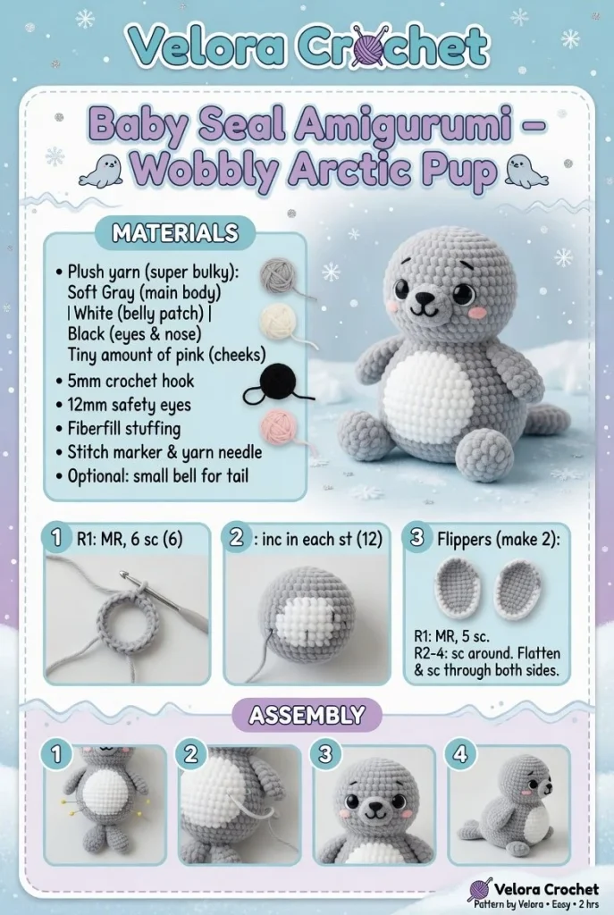 Wobbly baby seal amigurumi stuffed animal in a cute pose