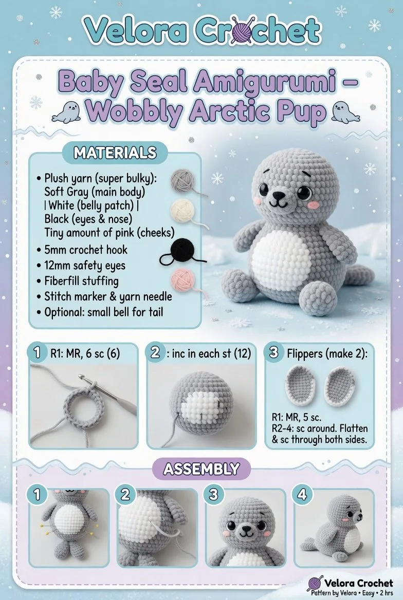 Wobbly baby seal amigurumi stuffed animal in a cute pose