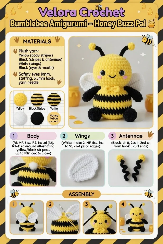 Bumblebee Amigurumi pattern featuring a cute honey buzz pal