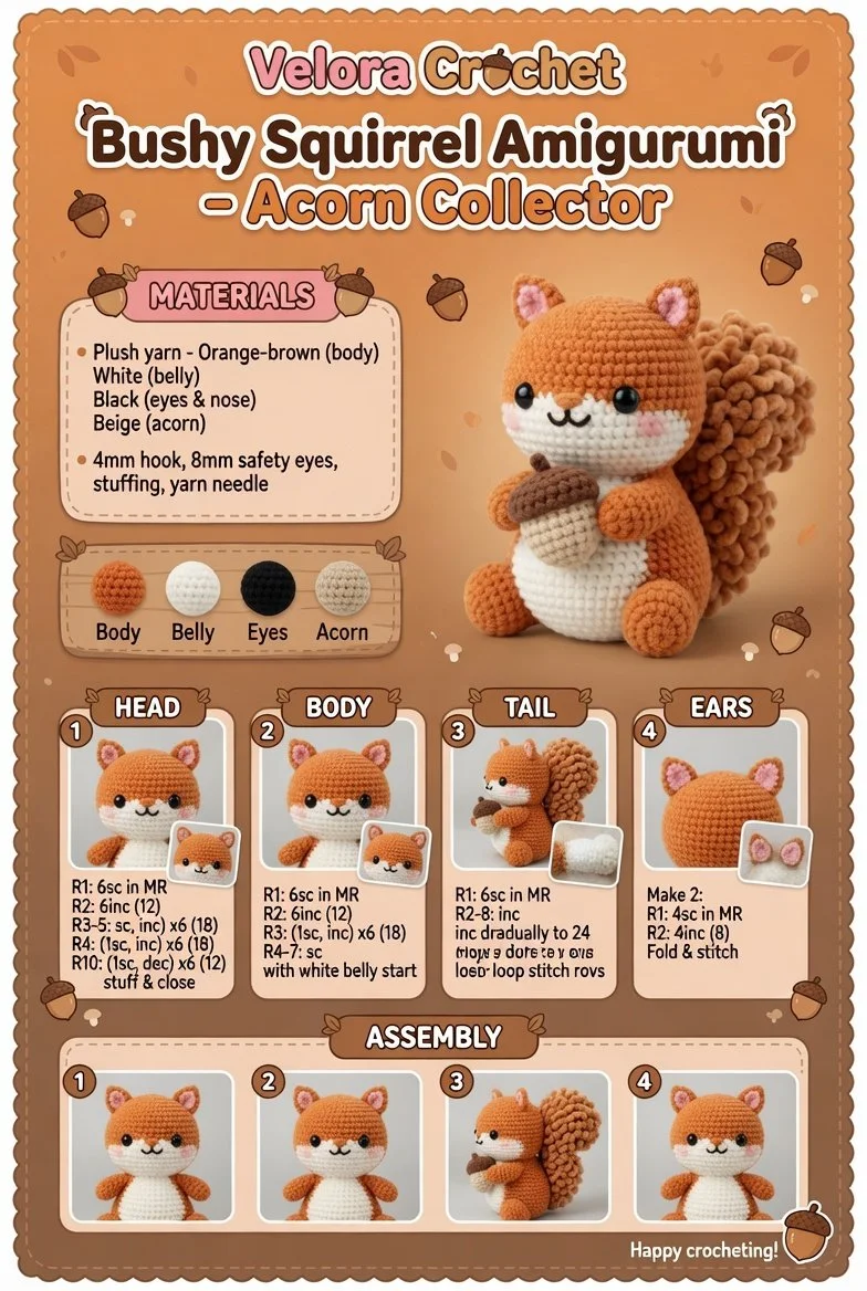Bushy Squirrel Amigurumi holding acorns, perfect for collectors and crafters.