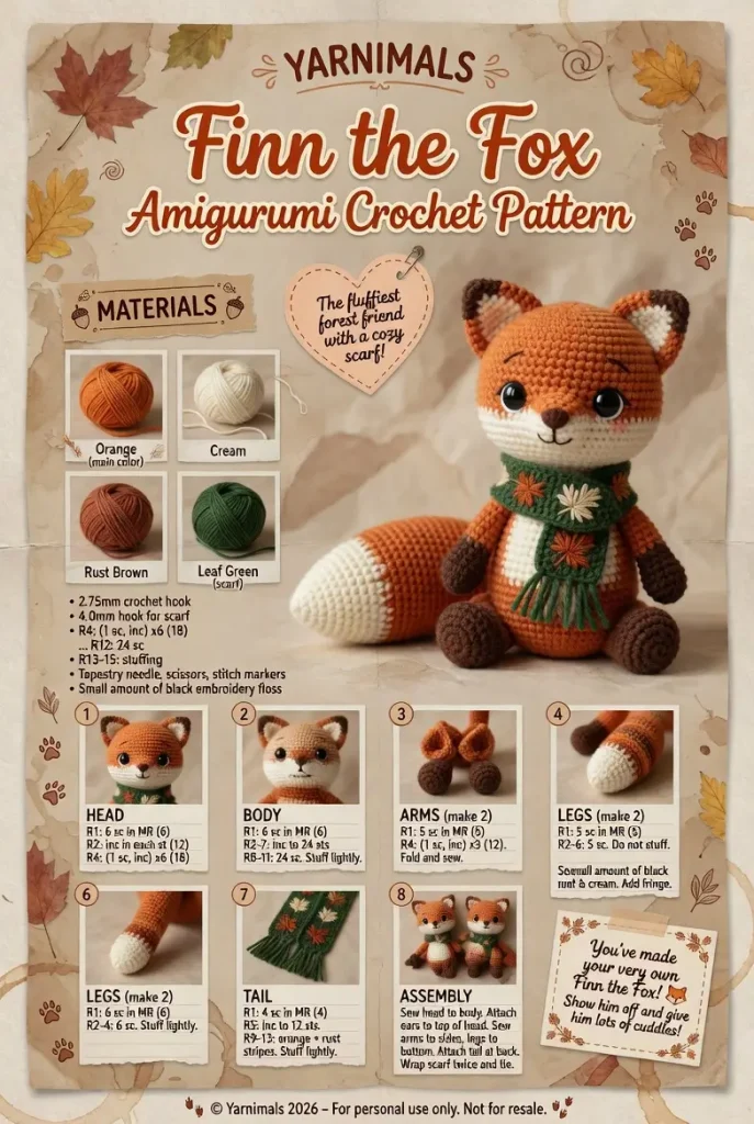 Finn the Fox Amigurumi Crochet Pattern | Cute Woodland Crochet Fox with Leaf Scarf