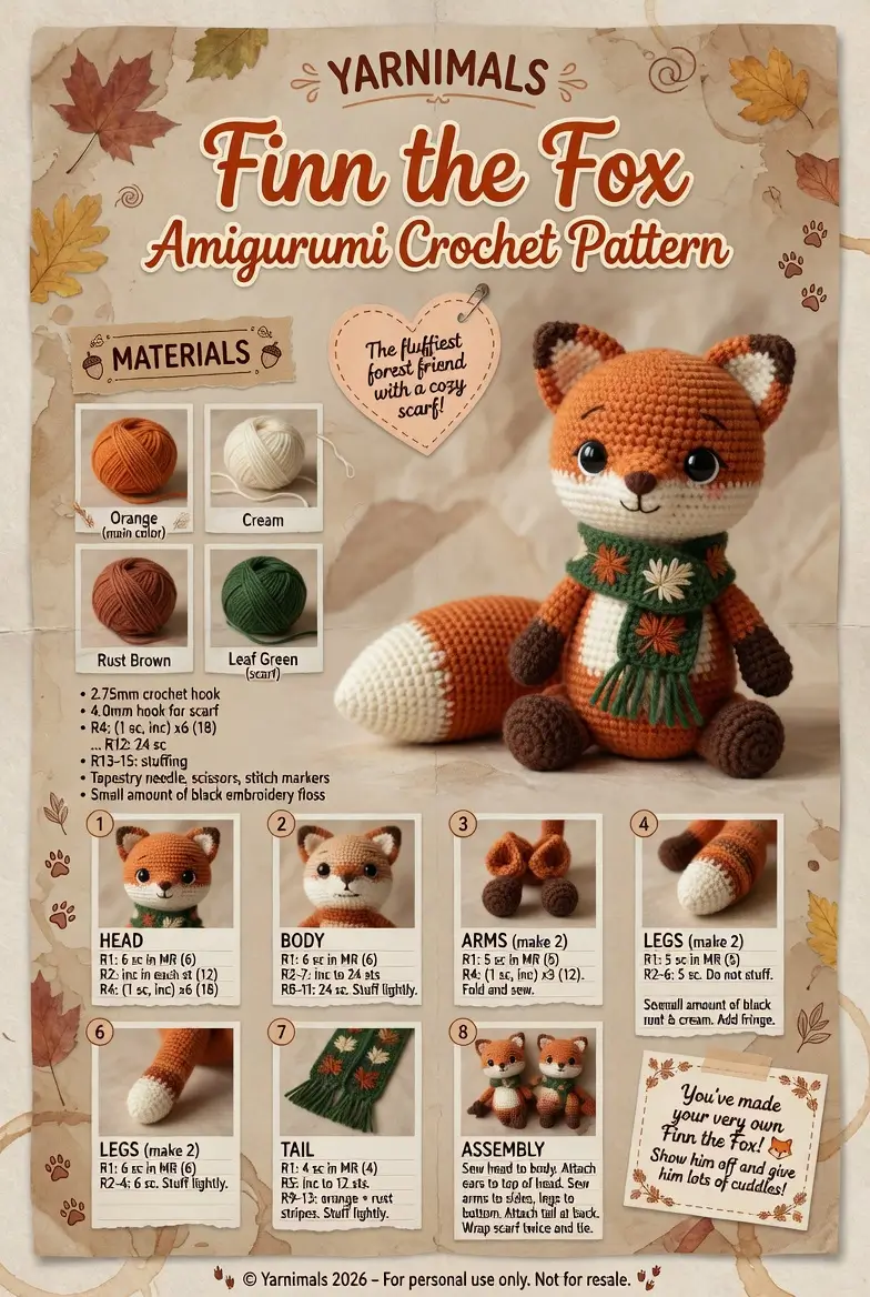 Finn the Fox Amigurumi Crochet Pattern | Cute Woodland Crochet Fox with Leaf Scarf