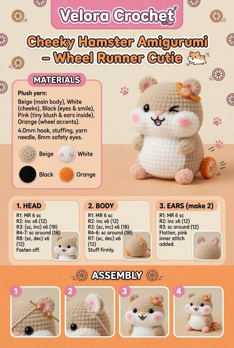 Cheeky hamster amigurumi toy on a wheel, perfect for crochet enthusiasts.