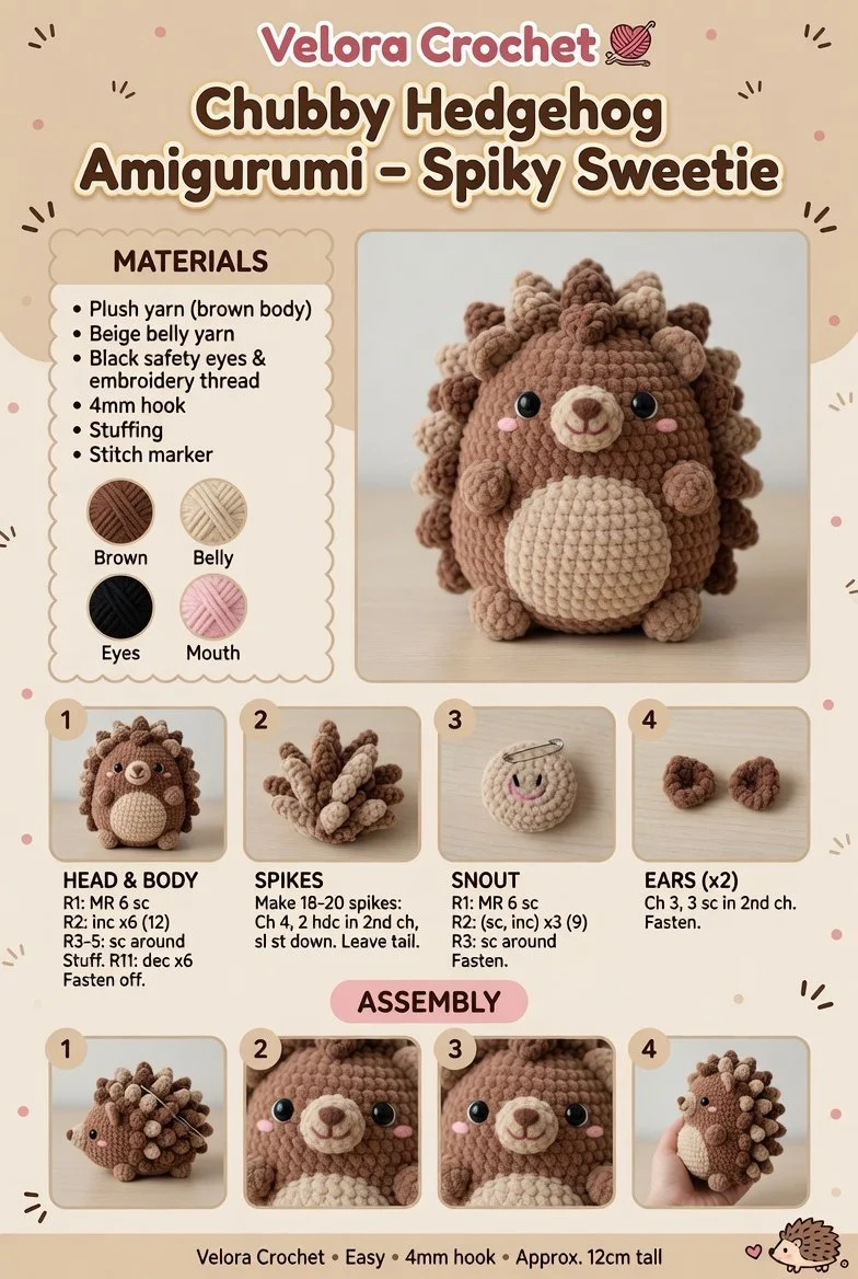 Chubby hedgehog amigurumi crochet pattern featuring a spiky sweetie design