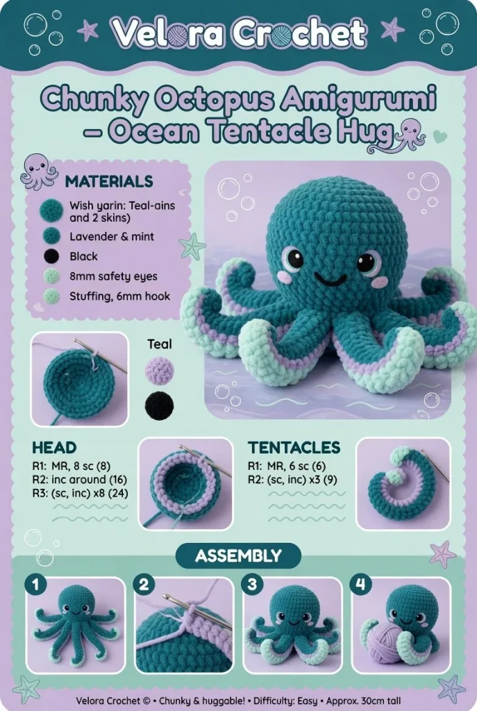 Chunky octopus amigurumi handmade plush toy with colorful tentacles