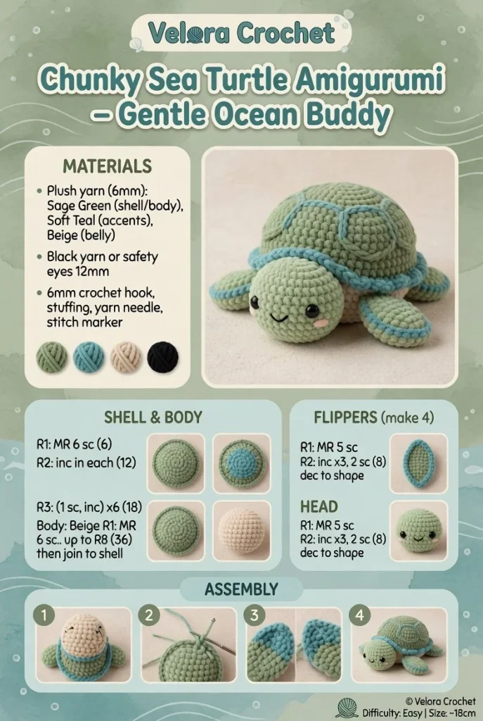 Handcrafted chunky sea turtle amigurumi, perfect gentle ocean buddy for any collection