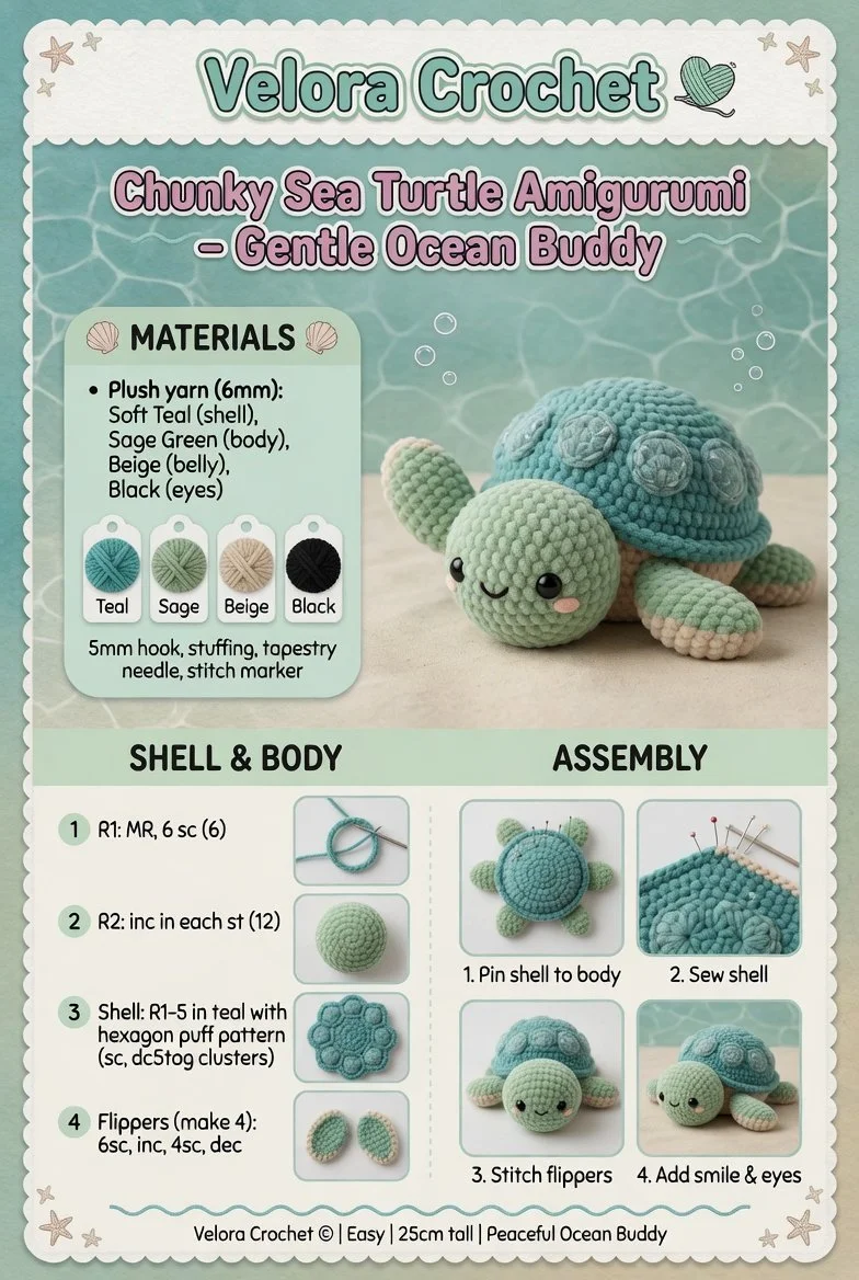 Chunky sea turtle amigurumi crochet pattern and finished toy