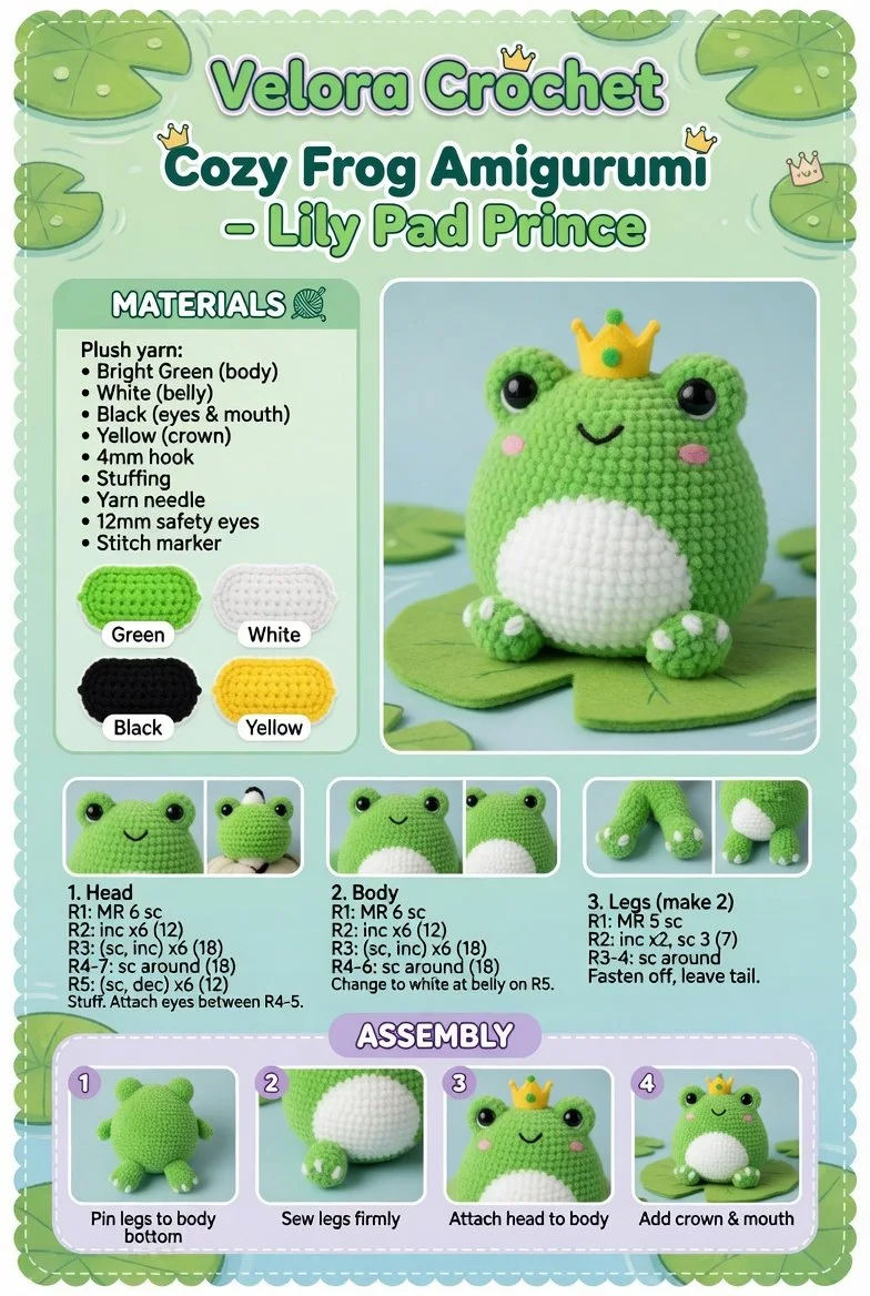 Cozy frog amigurumi pattern featuring Lily Pad Prince design