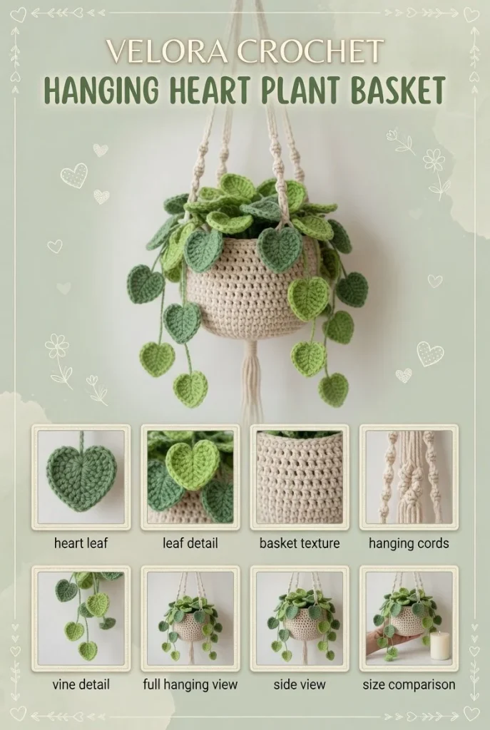 Crochet hanging planter bag with variegated Monstera leaves and thick sturdy cords.